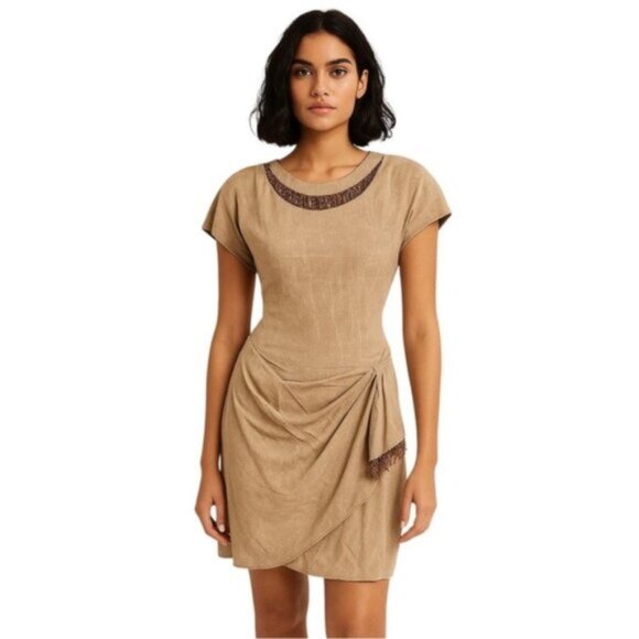 Vintage Dresses & Skirts - Scarlett Rare 70s Vintage Tigh Length Faux Wrap Beaded Ruching Dress